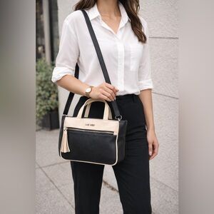 Nine West Black&Cream Colorblock Satchell Purse Tassel Zip -Work or Everyday Bag